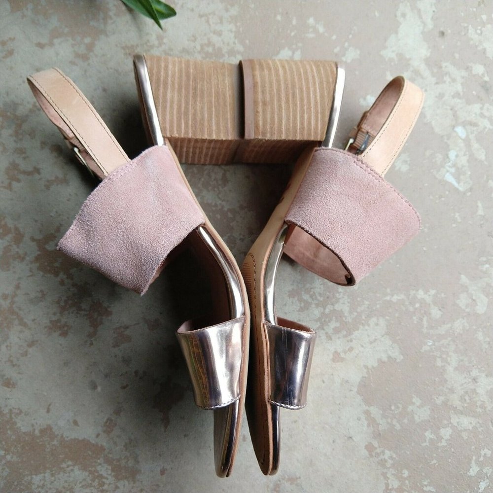 TOMS Poppy Metallic Sandals Size 10 Pink Rose Gold Strappy Block Heel Suede - Picture 4 of 8